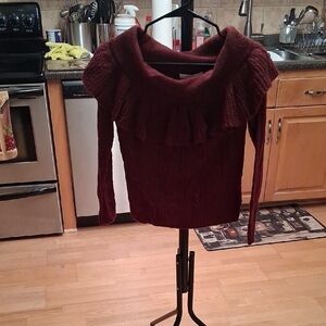 Wayf Wine Off-Shoulder Ruffle Cable Knit Sweater